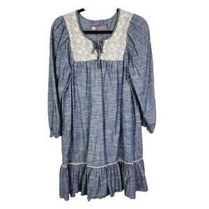 Elestory blue chambray peasant‎ dress floral pattern lace detail Cotton Medium